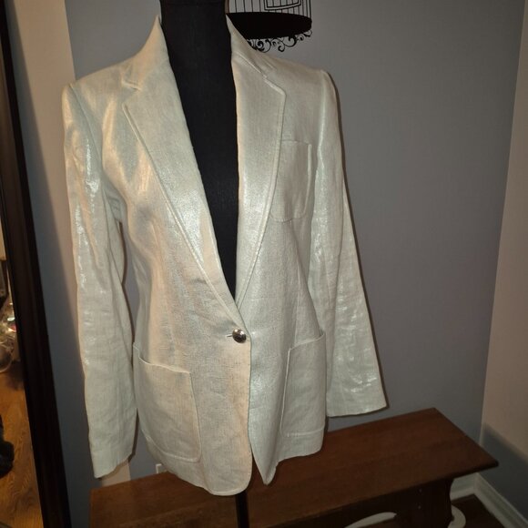 NWT Ralph Lauren White Silver Shimmer Linen Blazer Sz 6 - Picture 4 of 11